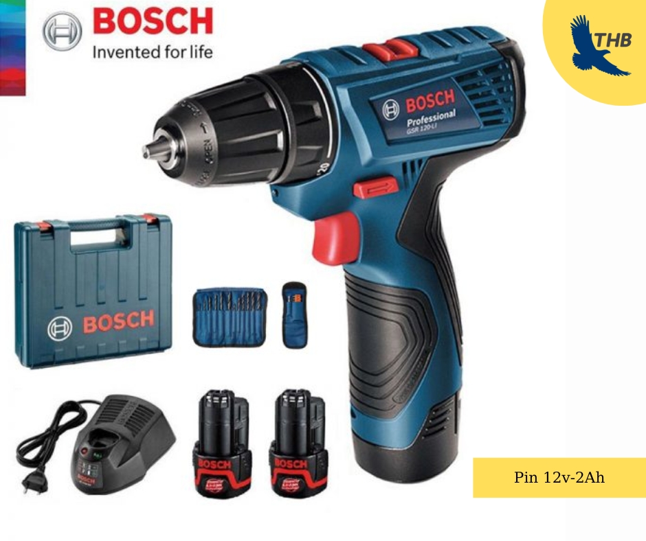 Máy khoan bắt vít dùng Pin 12V Bosch GSR 120-LI - AC kèm Phụ kiện Xuất xứ Malaysia Bảo hành 12 tháng