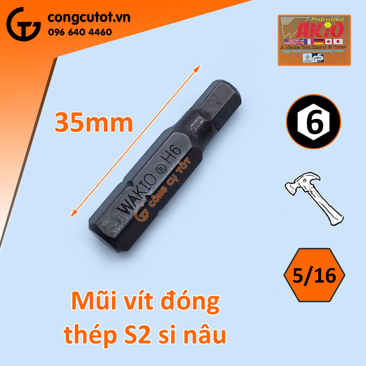 Mũi vít đóng lục giác Wakio si nâu 35mm
