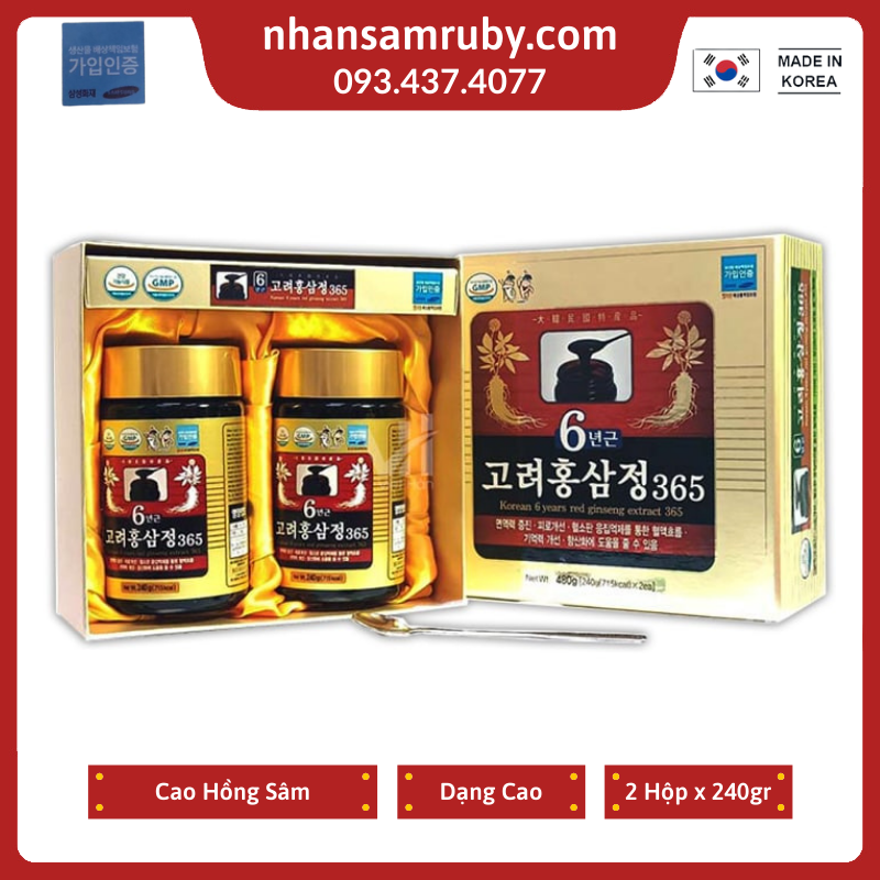 Cao Hồng Sâm cô đặc 6 năm tuổi 365 Hàn Quốc Hộp 2 lọ x 240ml - Sâm Hàn Quốc - Bồi Bổ Sức Khỏe - Date 2 2027