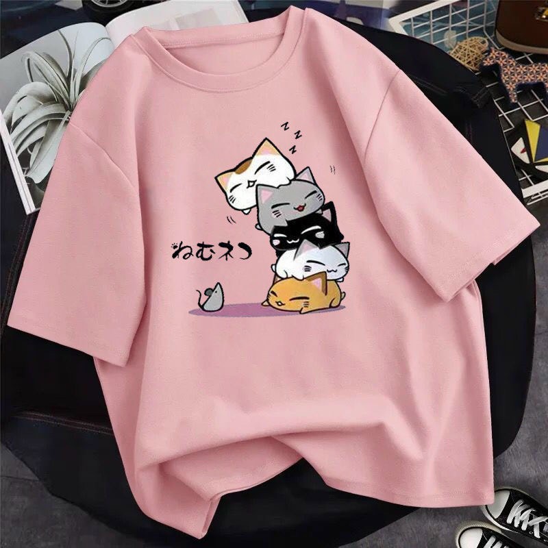 Áo thun tay lỡ from rông in hình 5 con mèo siêu dễ thương  freesize from từ 40-70kg