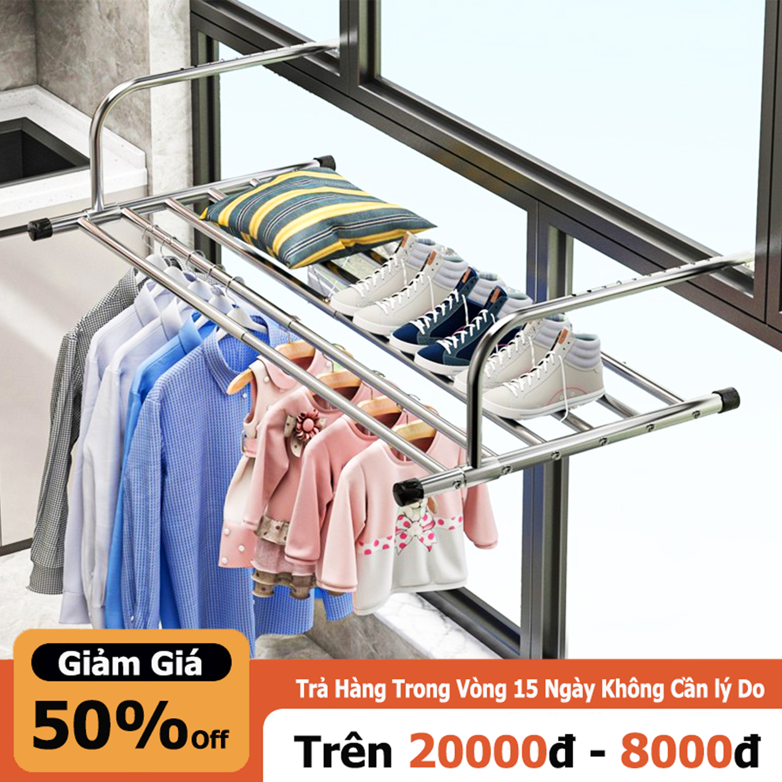 Miki kệ phơi đồ ban công rút gọn thông minh giá phơi dồ ban công inox siêu bền chiều dài có thể mở rộng tiết kiệm diện
