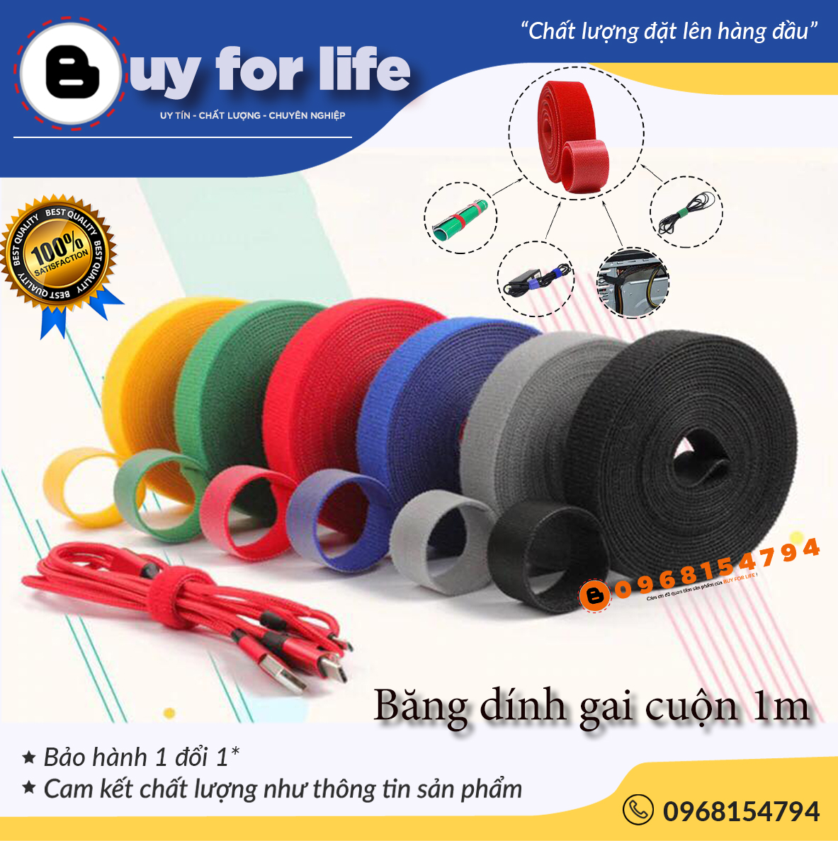 BĂNG DÍNH GAI - BĂNG DÍNH NHÁM CUỘN 1M - 5 MÀU