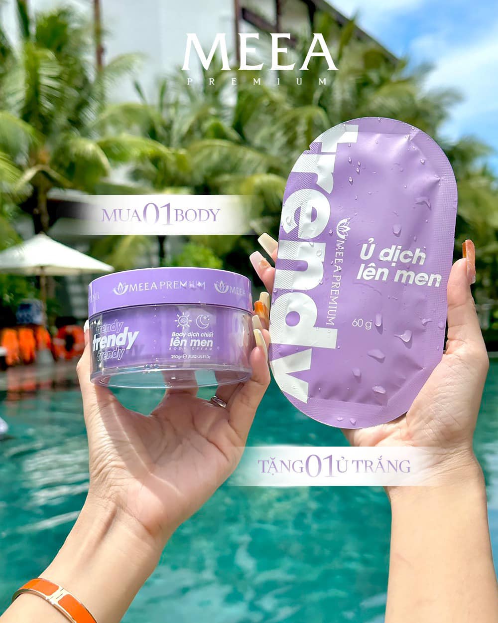 Kem body trendy tím meea nâng tone dưỡng trắng toàn thân tặng 1 gói ủ trắng