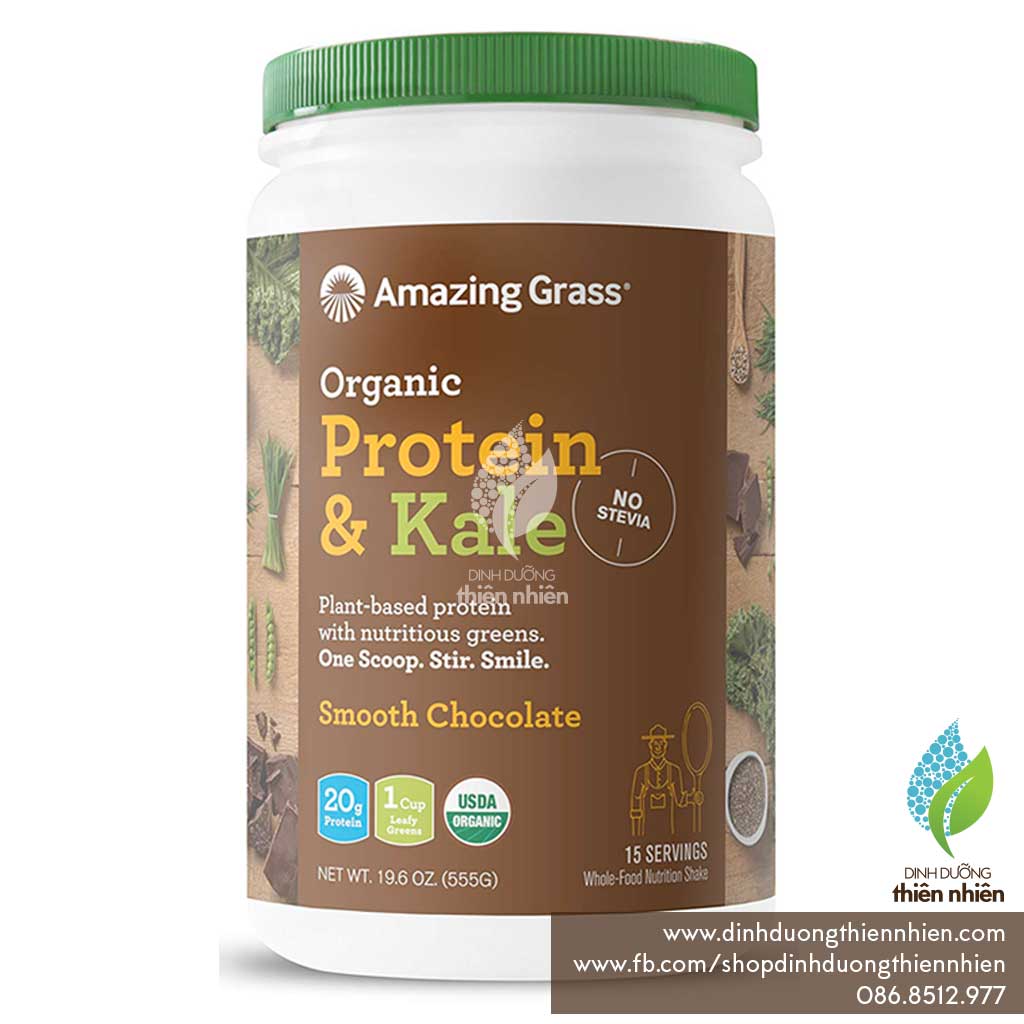 Bột uống protein & cải xoăn hữu cơ amazing grass organic protein & kale superfood powder, vị chocolate, 555g
