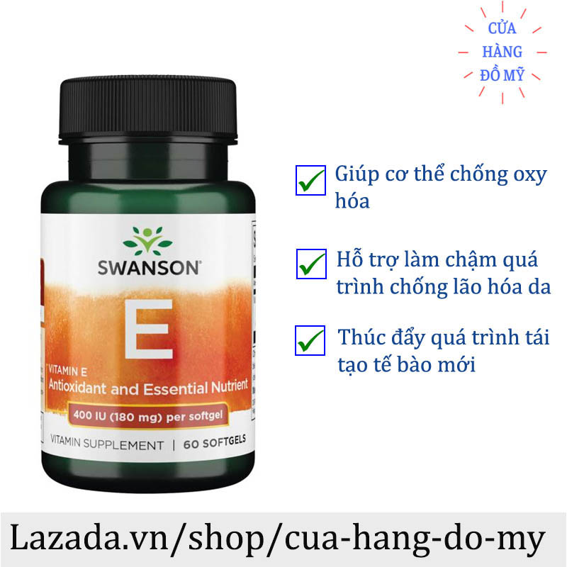Viên uống swanson vitamin e 400 iu 180mg 60 viên vitamin e 400iu 180 mg duy trì vẻ đẹp và tươi sáng của da - shop hong1008
