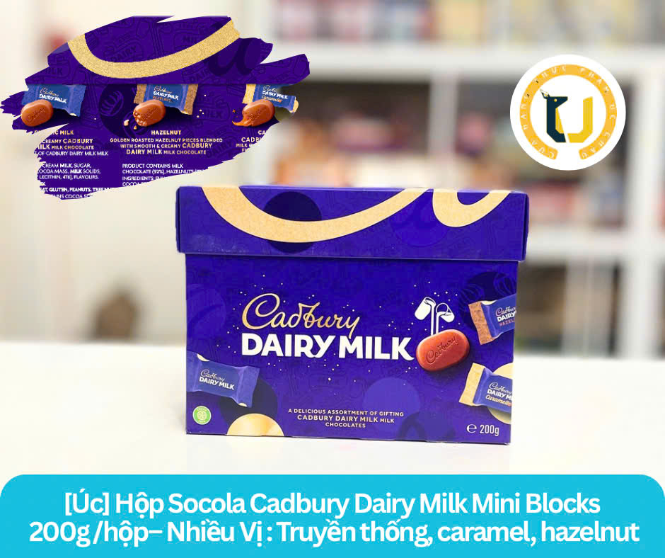 (HÀNG ÚC) Socola sữa CADBURY DAIRY MILK Chocolate phiên bản hộp quà 3 vị : Classic/ Hazelnut/ Caramello hộp 200Gr