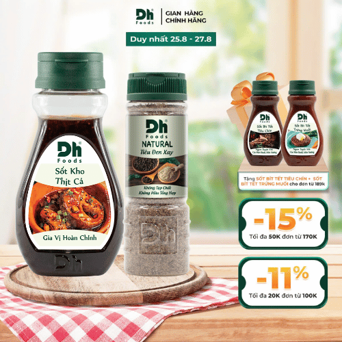 Combo kho tiêu dh foods : sốt kho thịt cá 200gr và tiêu đen xay 80gr