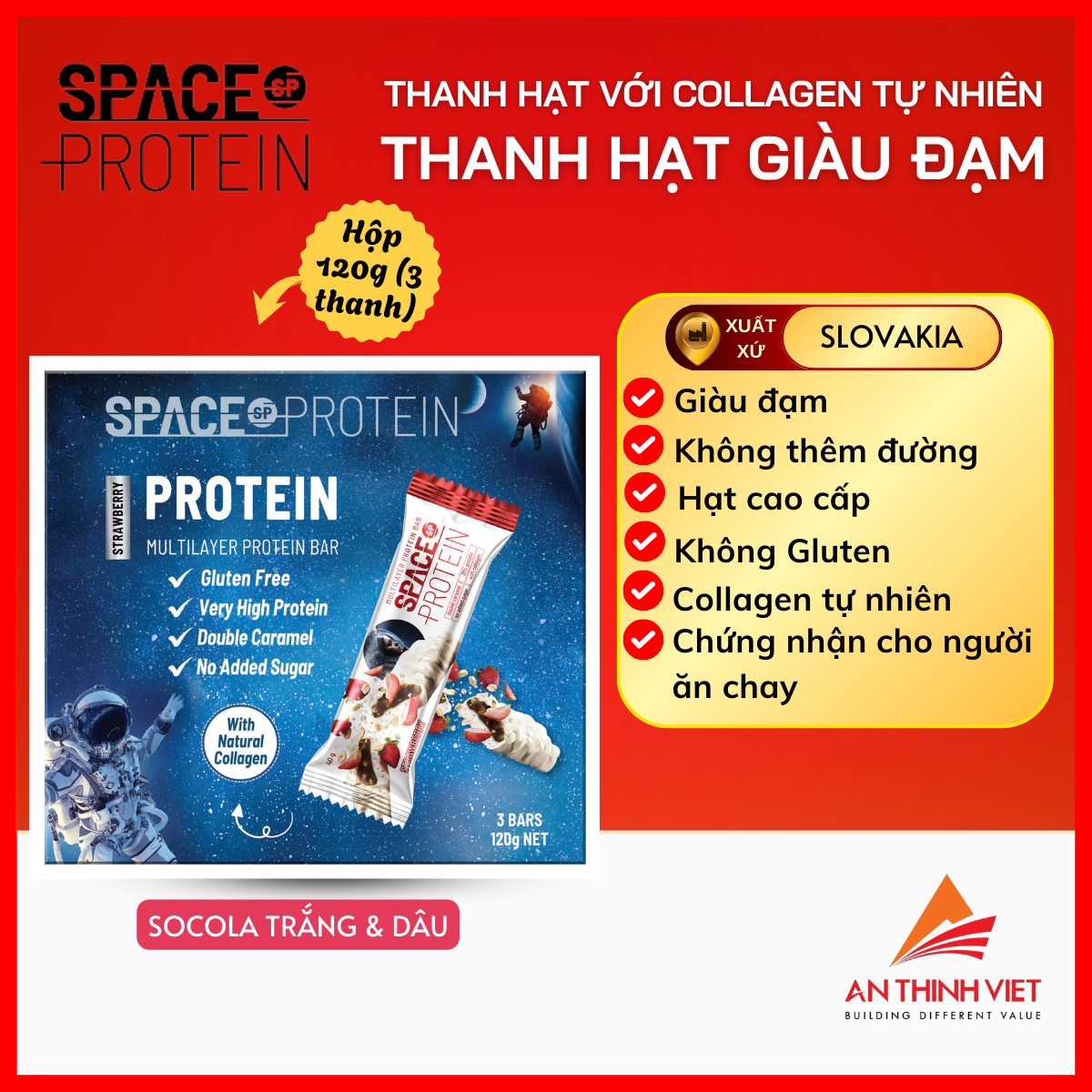 Hộp Strawberry 120gr - Thanh Hạt Giàu Đạm Protein Bar Socola Trắng & Dâu Tây - SPACE PROTEIN - Nhập Khẩu Slovakia