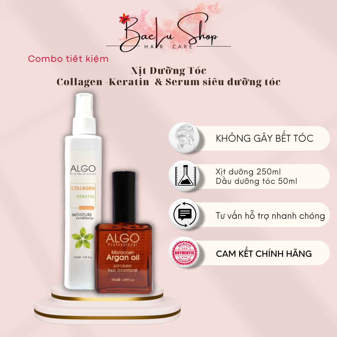 Combo dầu dưỡng tóc tinh dầu argan oil 50ml & xịt dưỡng tóc collagen keratin Algo 250ml phục hồi tóc hư tổn & nuôi dưỡng tóc
