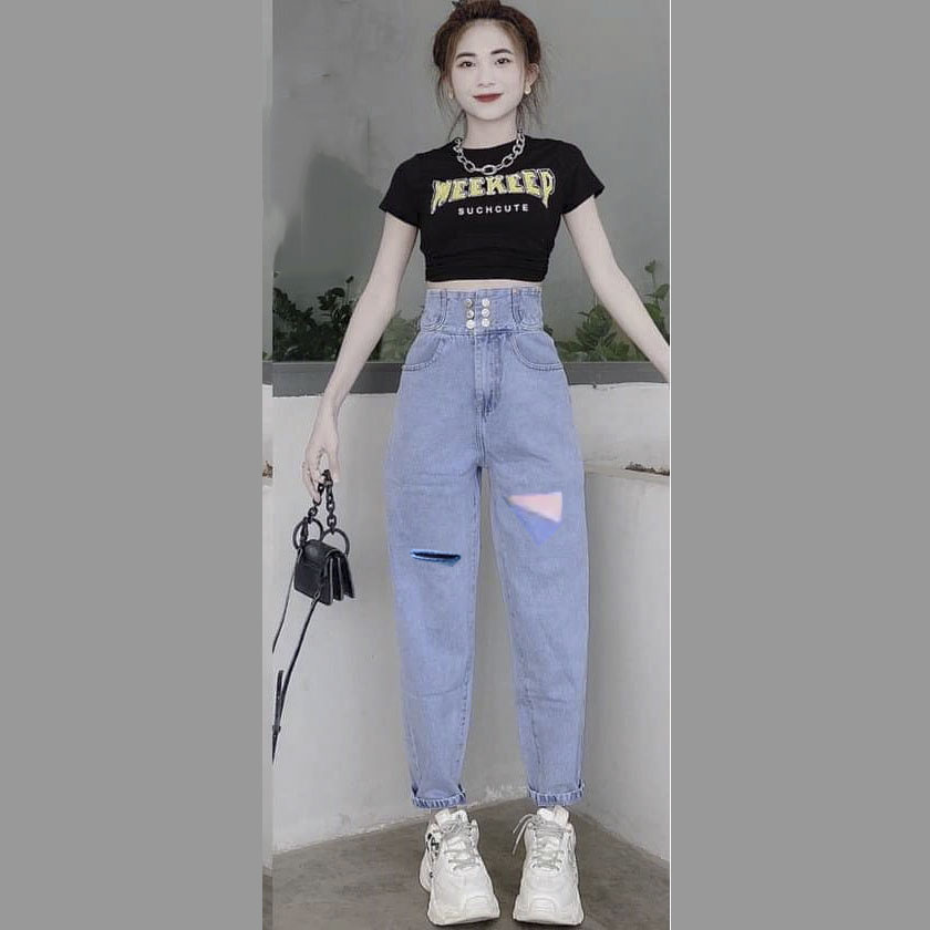 Quần baggy jean nữ lưng cao tôn dáng chất jean coton mềm không co dãn mẫu hot THUYDIEUSHOP97