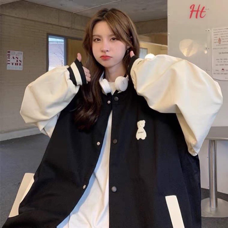 Áo khoác bomber nỉ lô gô gấu HT12