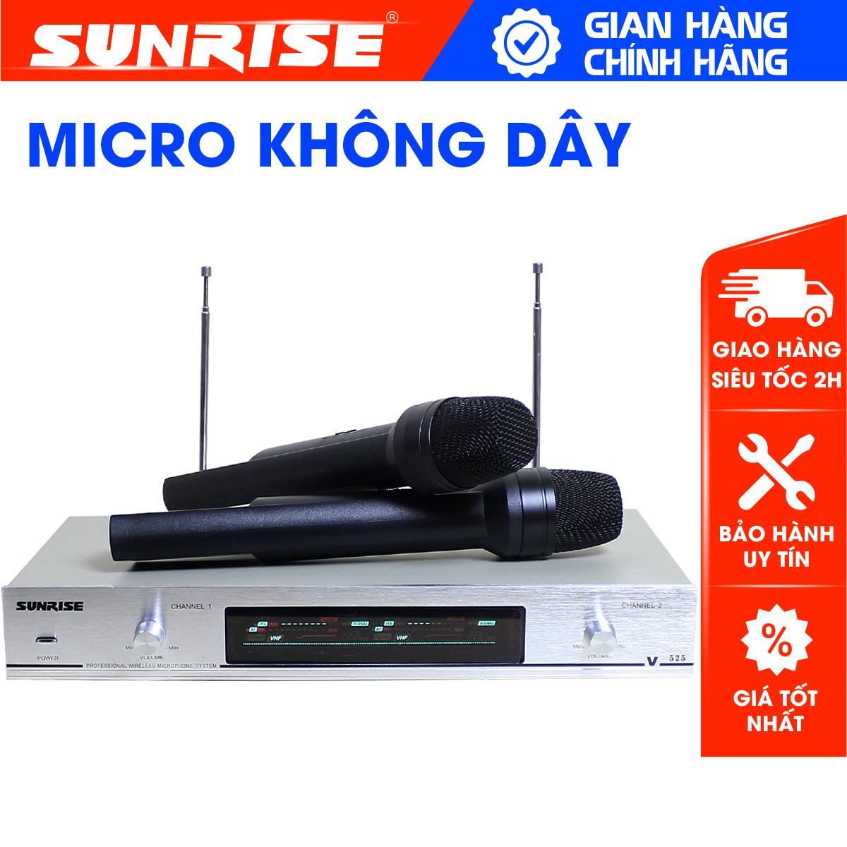 Micro không dây sử dụng sóng uhf sunrise sm-525, mic karaoke vẻ ngoài sang trọng, hát hay, hút giọng không bị rè, hú - sunrise musics