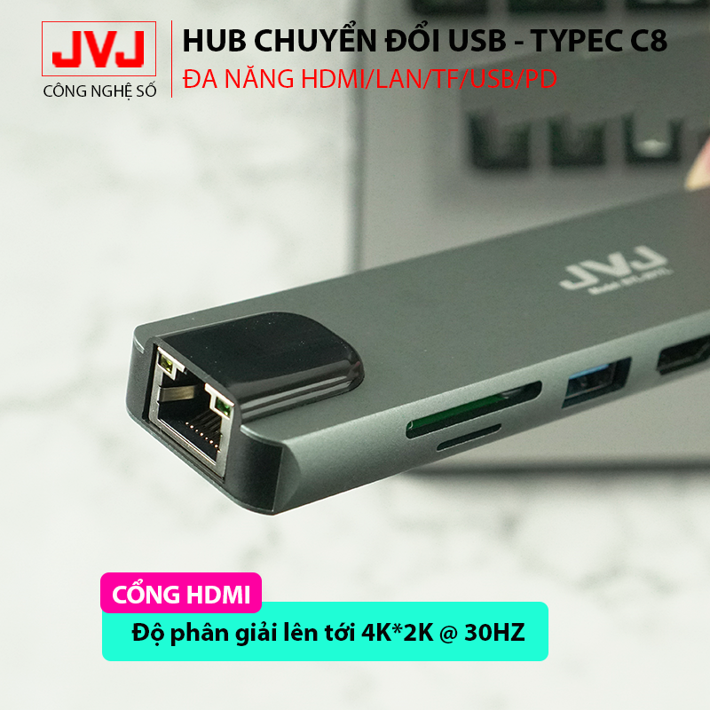 Bộ chuyển đổi đầu đọc đa năng USB Type-C C8 JVJ 4K HDMI USB 3.0 cho laptop/macbook chuyển đổi type C sang Cổng USB 3.0/HDMI/TF/SD/PD/LAN