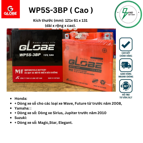 Bình Acquy xe máy GLOBE WP5S-3BP ( 12v-6Ah ) dành cho Dream Wave anpha Future Sirius Jupiter Taurus