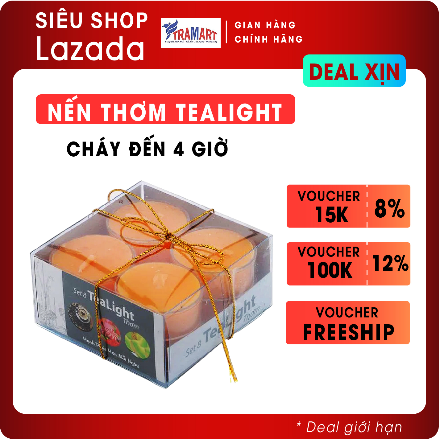 Hộp 8 nến tealight thơm đế nhựa Miss Candle NQM2059 (Vàng hương hoa mai)
