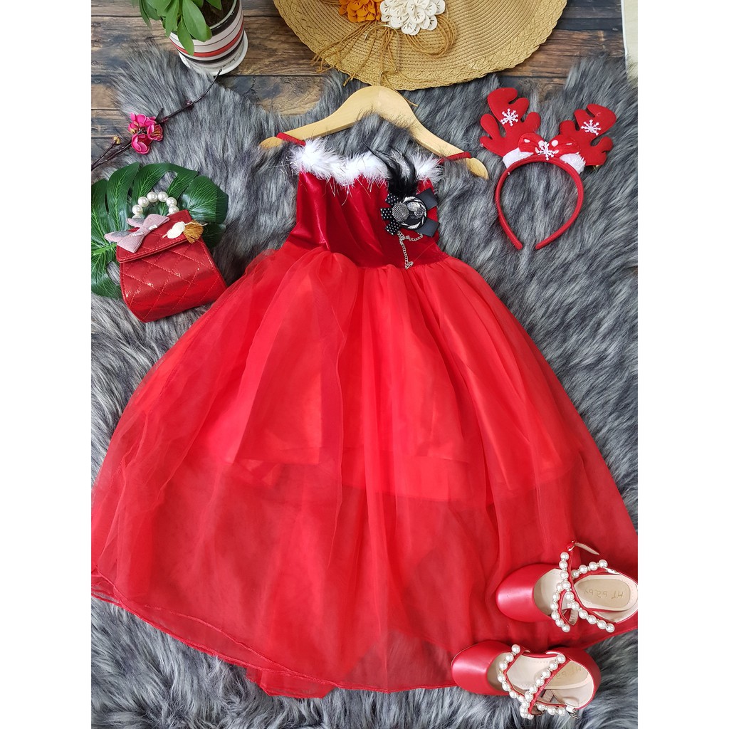 Đầm noel bé gái siêu xinh chất nhung phối vol tơ 2 lớp xinh xắn