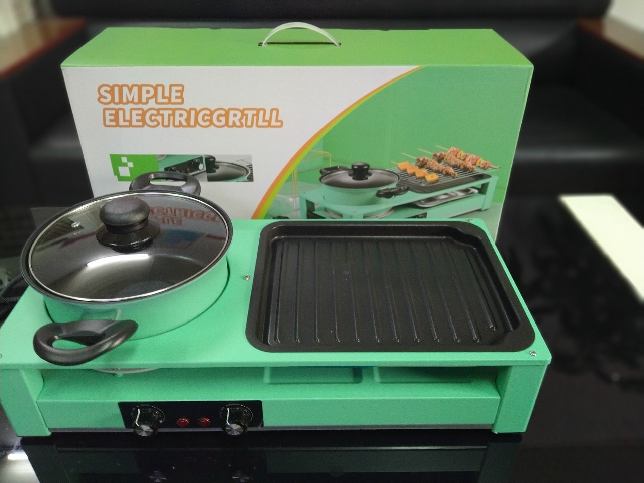 Bếp lẩu nướng đa năng Nineshield DKS-303 công suất lớn 2200W điều chỉnh nhiệt riêng biệt màu xanh sang trọng