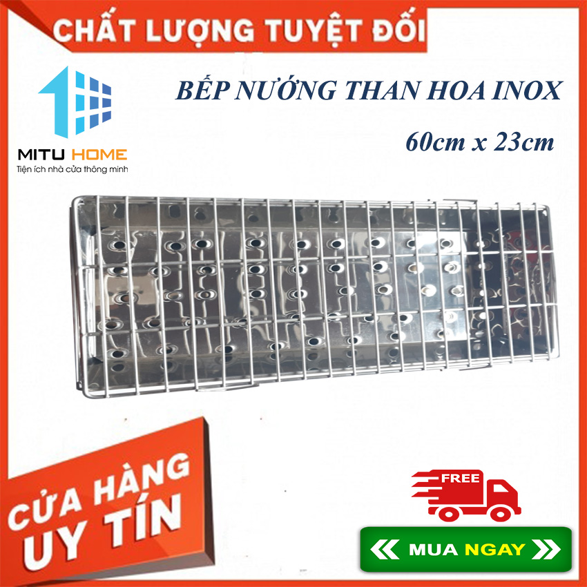 Bếp khay nướng than hoa INOX - MITUHOME - Kèm vỉ nướng loại 60cm x 23cm chuyên dùng cho nướng thịt, quán bún chả