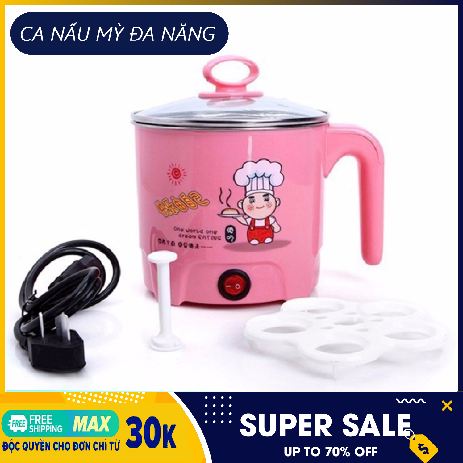 Ca nấu mì siêu tốc, nồi nấu đa năng mini siêu tốc 18cm - Ca nấu mỳ đa năng, nồi nấu đa năng + Tặng kèm khay luộc trứng