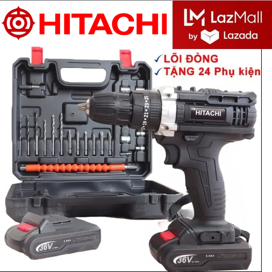 Hitachi JAPAN MAX SALE Deal Sốc ,Máy Khoan Pin Lõi Đồng 100% 3 Chức Năng 36V Máy Có Chức Năng: Khoan Tường, Khoan Sắt, Khoan Gỗ, Nhôm, Sắt, Tôn, Nhựa Bắt Vít .Máy Khoan Bắn Vít Cầm Tay dùng pin HITACHI 36V .Tặng bộ phụ kiện 24 chi tiết + (2 Pin + 1 Sạc)