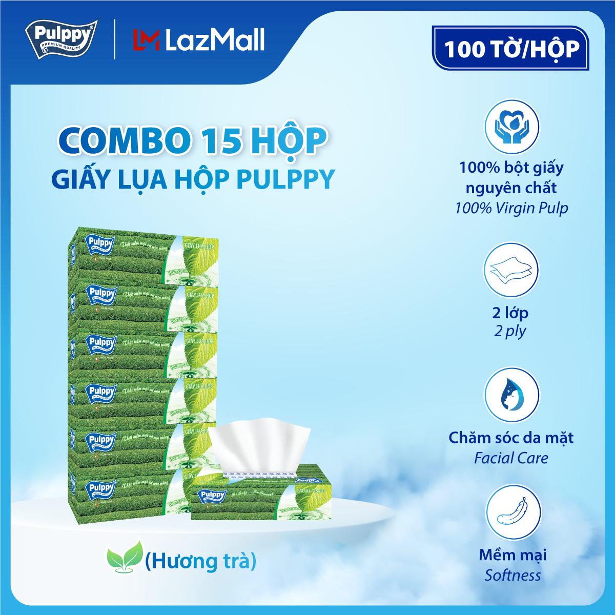 [VOUCHER 15%] Combo 15 Giấy Lụa Hộp Pulppy Hương Trà 100 Tờ
