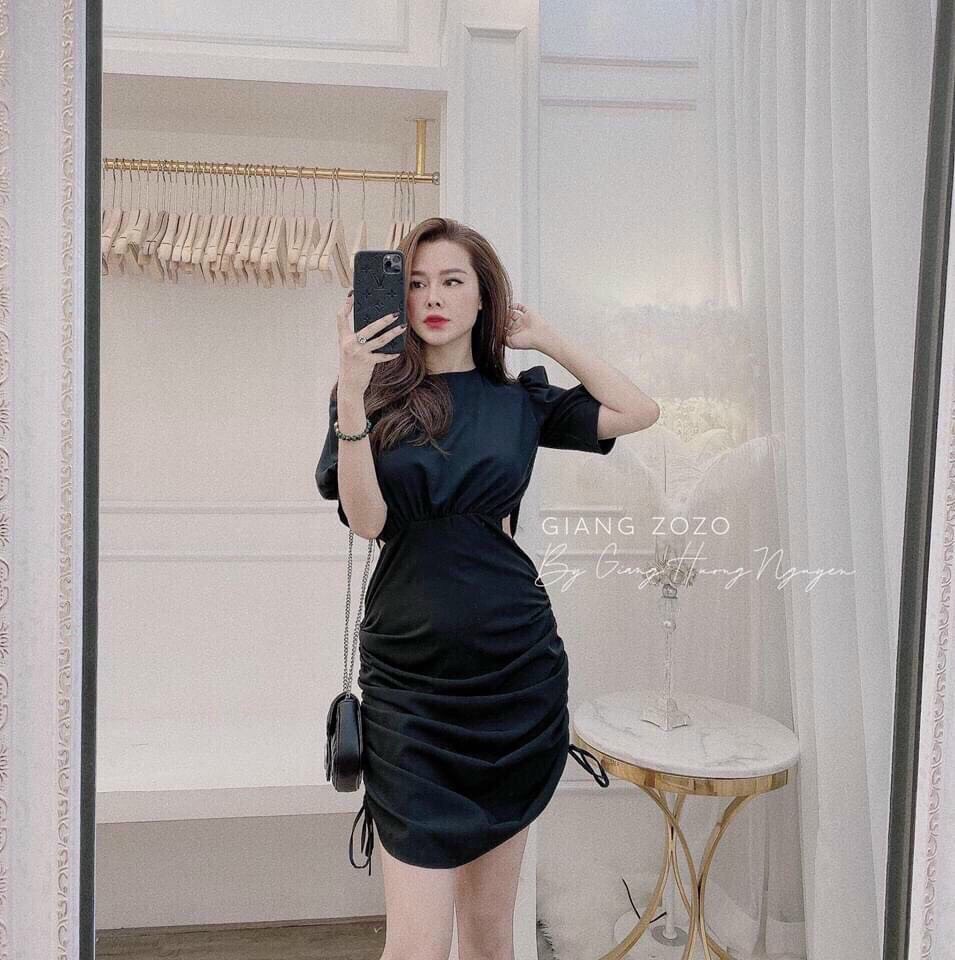 Đầm tiểu thư cổ tròn, dây rút hai bên hông, khoét eo sang chảnh, mặc đi chơi, đi tiệc, có hai màu đỏ, trắng