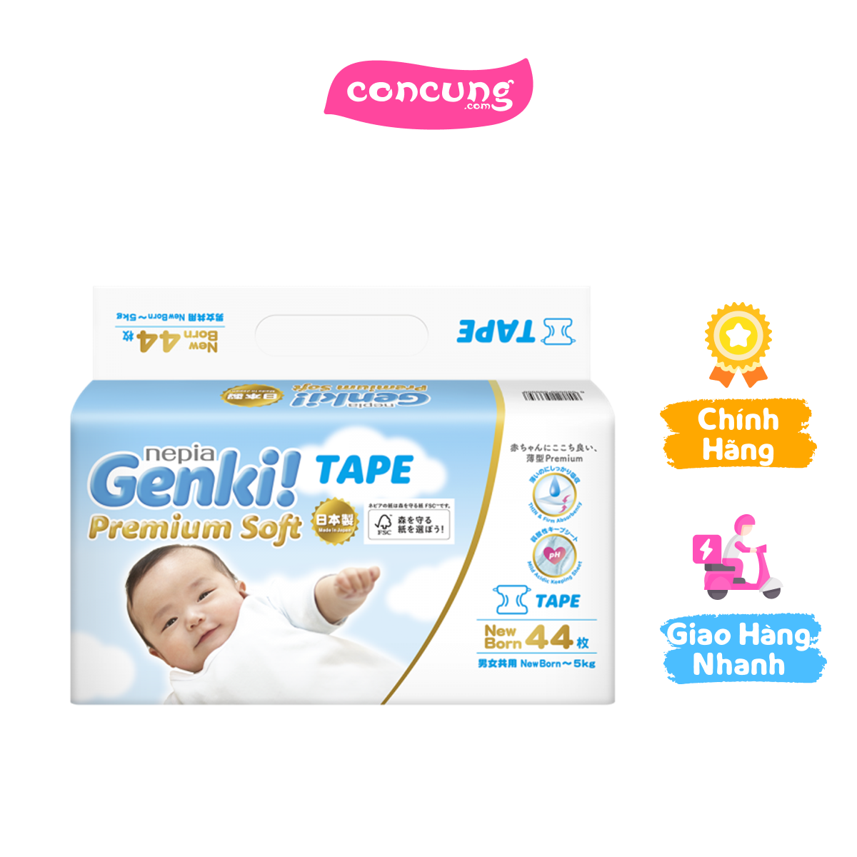  Tã dán Nhật Bản cao cấp Genki  NB 44 miếng  