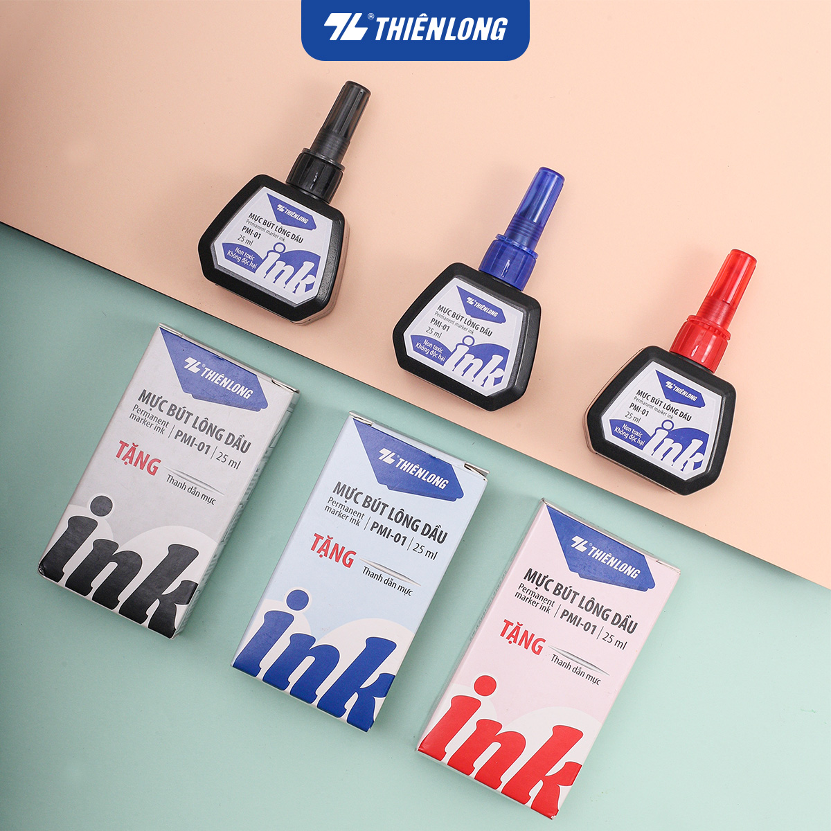 Mực bút lông dầu Thiên Long PMI-01 với 3 màu mực xanh/ đỏ/ đen, Mực tươi sáng, bám dính tốt, không độc hại
