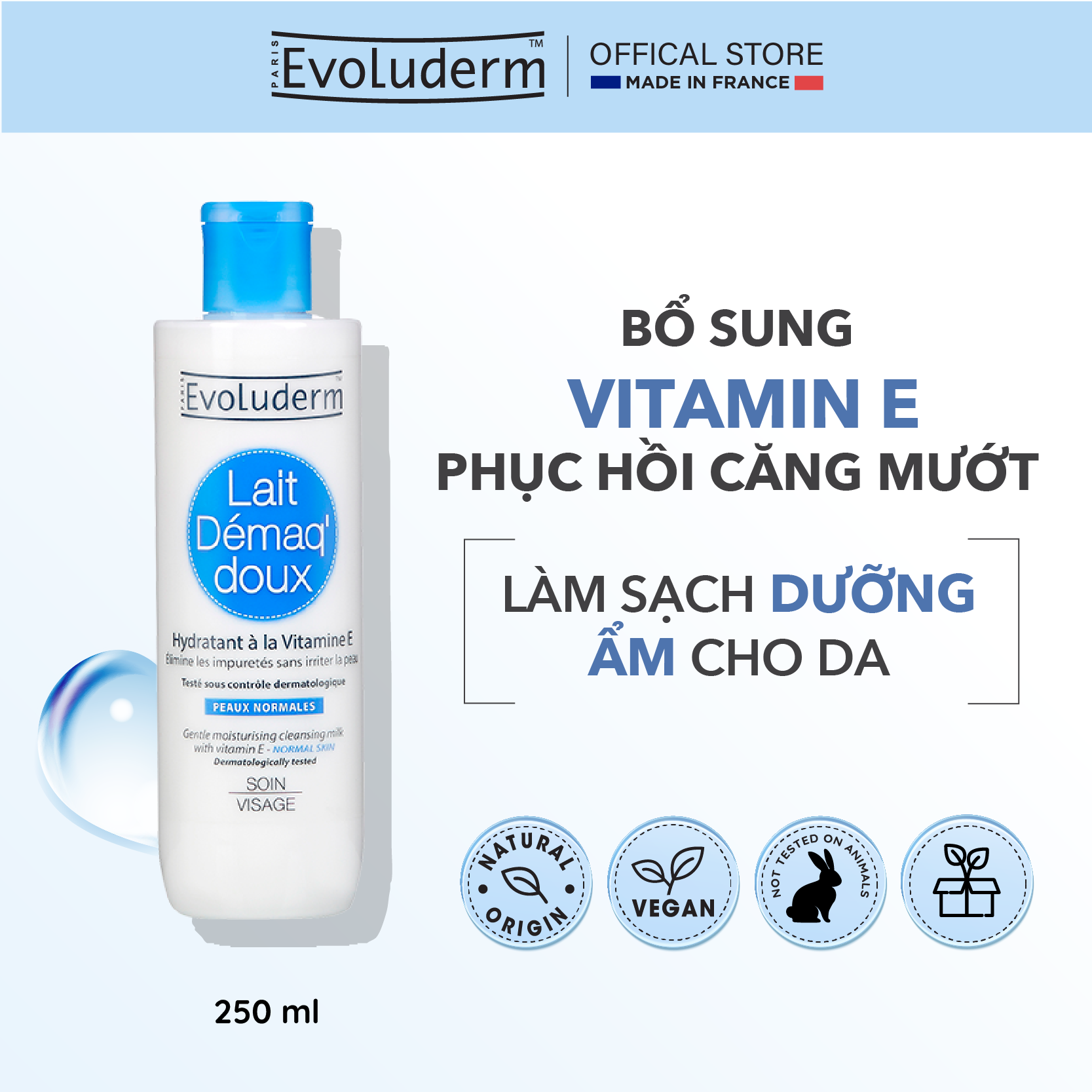 Sữa rửa mặt Evoluderm bổ sung Vitamin E giúp dưỡng ẩm và làm tươi trẻ làn da 250ml