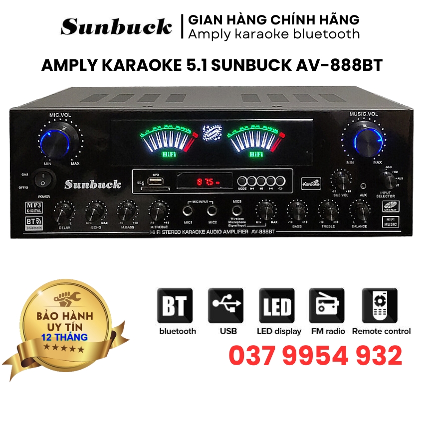 Âm ly bluetooth karaoke gia đình công suất lớn 700W Sunbuck AV-888BT, âm thanh cực chất, đánh nhạc siêu hay, amply karaoke bluetooth 8 sò kết nối được sub hơi, đầu ra 5 loa, âm thanh vòm cực đã