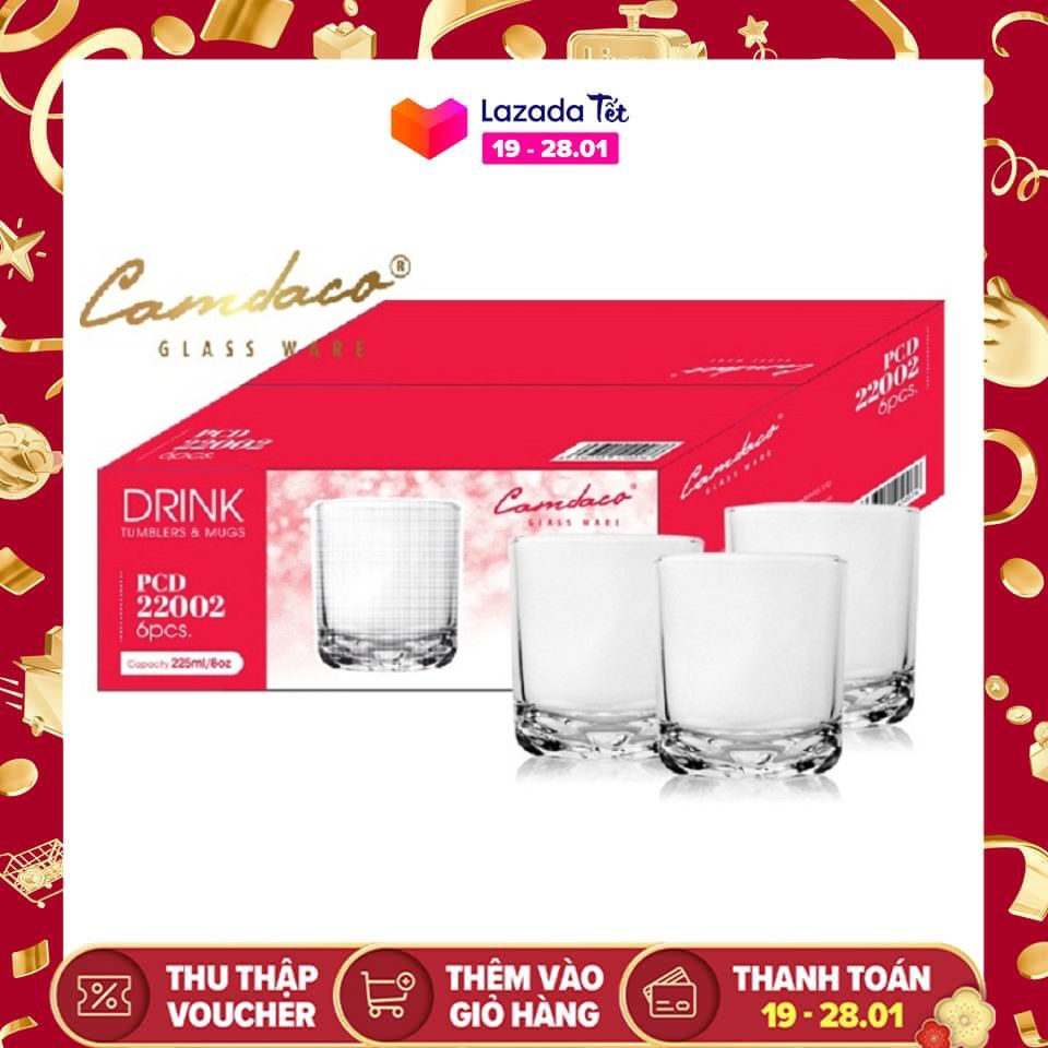 Bộ 12 Ly Thủy Tinh Bầu Lùn Góc Uông Trà Đá 225ML CAMDACO GLASS WARE chất liệu thủy tinh cao cấp, sáng bóng và đẹp mắt