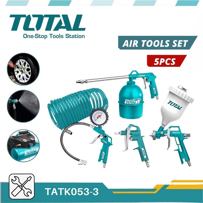 Bộ 5 công cụ dùng khí TOTAL TATK053-3, dụng cụ xịt hơi 5 chi tiết gồm dây hơi PU, súng thổi khí, súng phun sơn, bơm lốp xe tích hợp đồng hồ áp suất, bình châm nhớt xe [CHÍNH HÃNG][SIÊU THỊ ĐỒ NGHỀ]