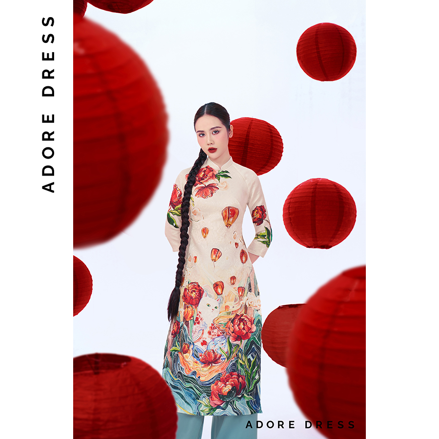 Áo dài Ngọc Liên Miêu phối quần xanh thiên thanh 2AD1009 ADOREDRESS