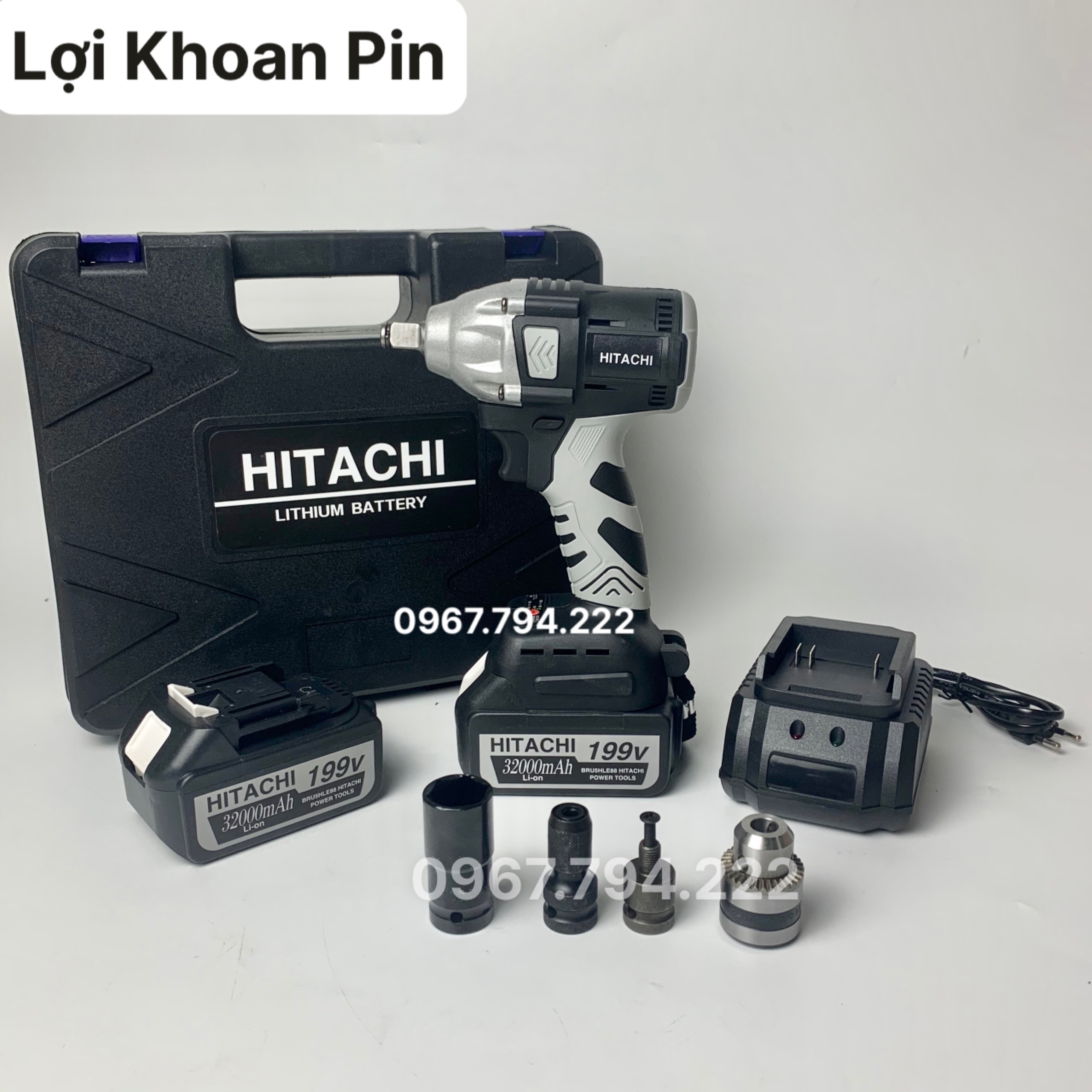 Siết bulong hitachi 199v - 2 pin - đầu 2 trong 1 - tặng chuyển vít + chuyển khoan - không chổi than - máy khoan, máy bắn vít