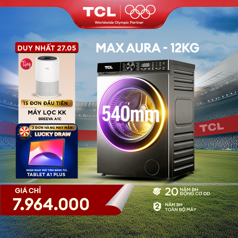 【DUY NHẤT 27.05 GIÁ TỐT 7.9XXK TẶNG 15 MÁY LỌC KHÍ CHO CÁC DÒNG MÁY GIẶT - SẤY  MÁY LẠNH - FREE LẮP ĐẶT CƠ BẢN TOÀN QUỐC】Máy Giặt Sấy TCL Max Aura 12KG - Động Cơ DD Inverter Cao Cấp - TWD120-C682DG - Máy Giặt Sấy Cửa Trước - Lồng Giặt Siêu Lớn