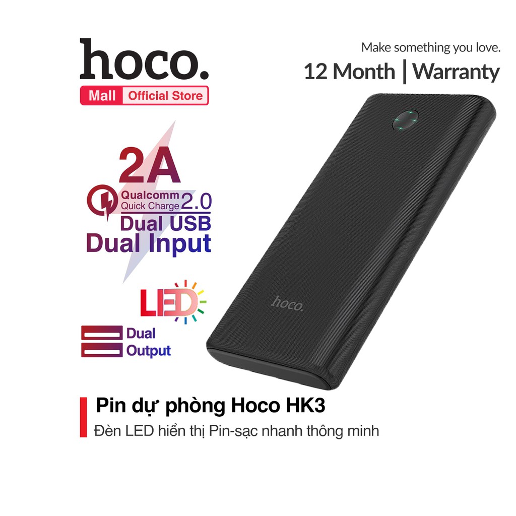 Sạc dự phòng hoco hk3 12000mah đèn led báo dung lượng pin tương thích với nhiều thiết bị