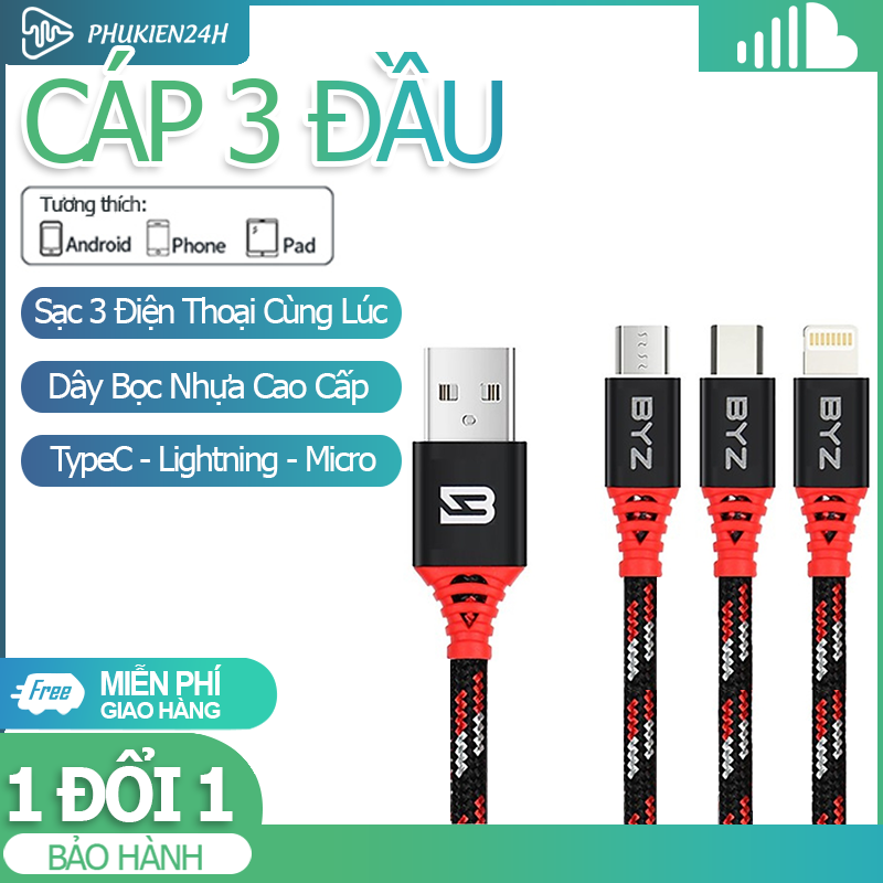 [HCM]Cáp Sạc Nhanh 3 đầu Lighting Micro Type C Tích Hợp BYZ DÙNG TỐT CHO CÁC DÒNG PHONE/IPAD-ANDROID