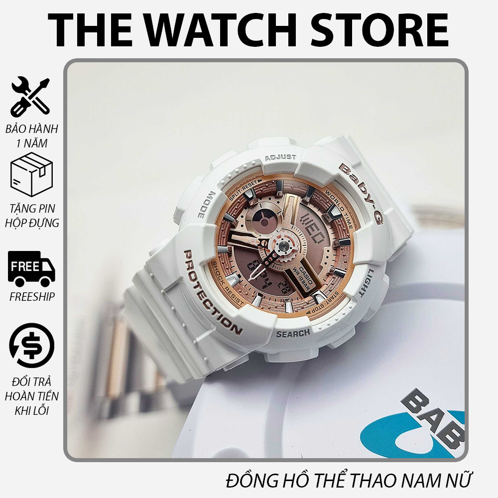 Đồng hồ Casio Baby-G Nữ BA-110 Trắng Rose Vàng- Dây, vỏ và mặt một màu cơ bản, đồng hồ thiết kế ôm sát cổ tay