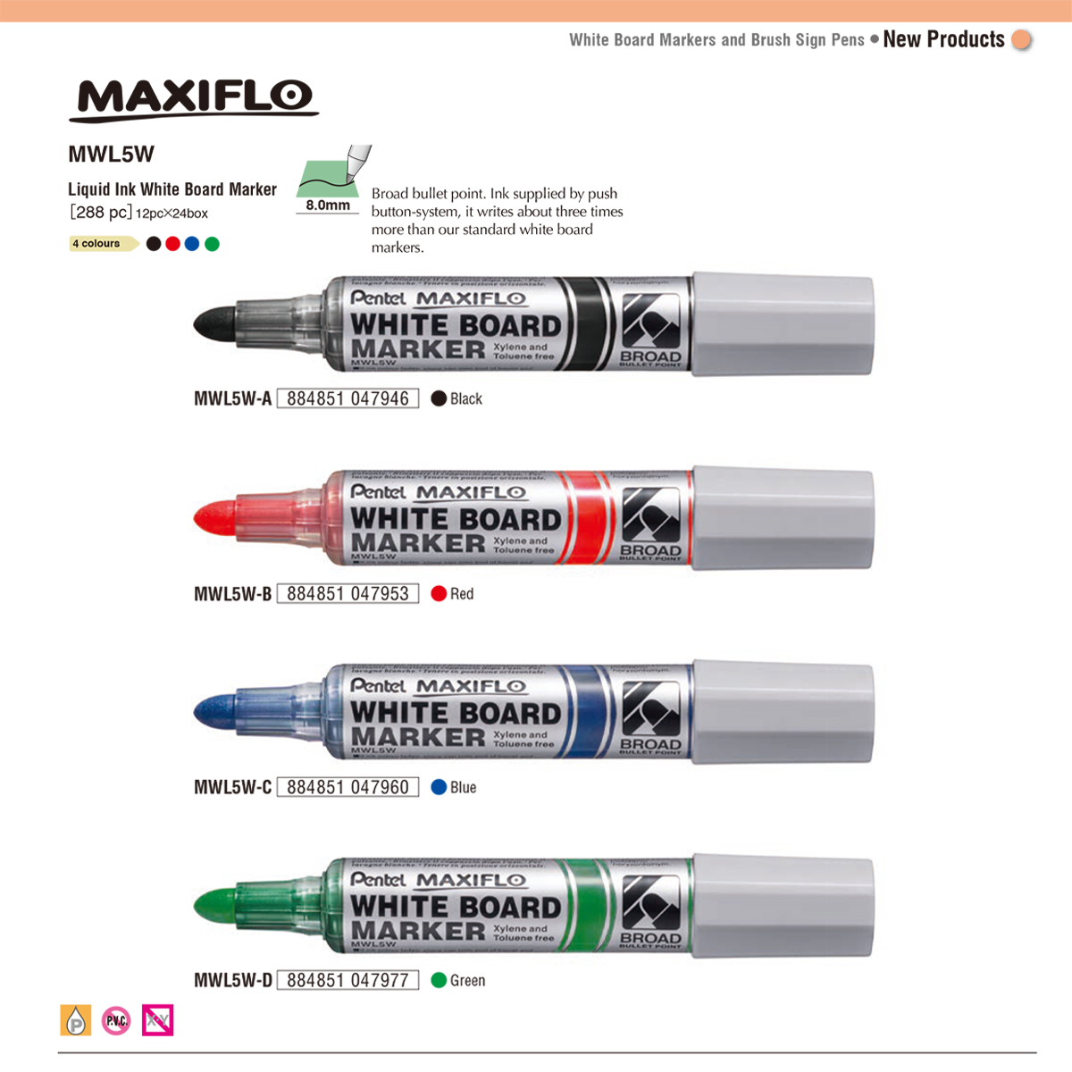 Bút lông bảng đầu tròn nhật bản pentel maxiflo mwl5w - bút không chứa cồn, mực ra đều, không độc hại
