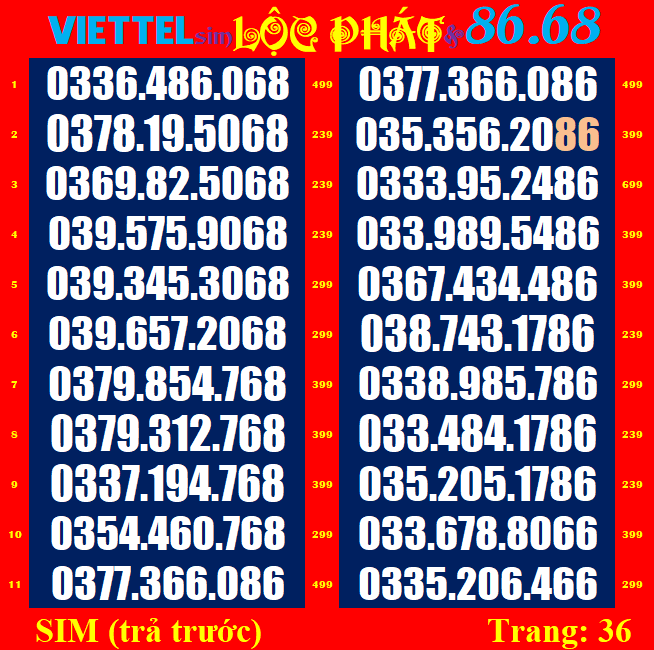 Sim viettel list 36 37, sim mới 100%, chưa đăng kí, sim viettel phủ sóng toàn quốc | vietsky
