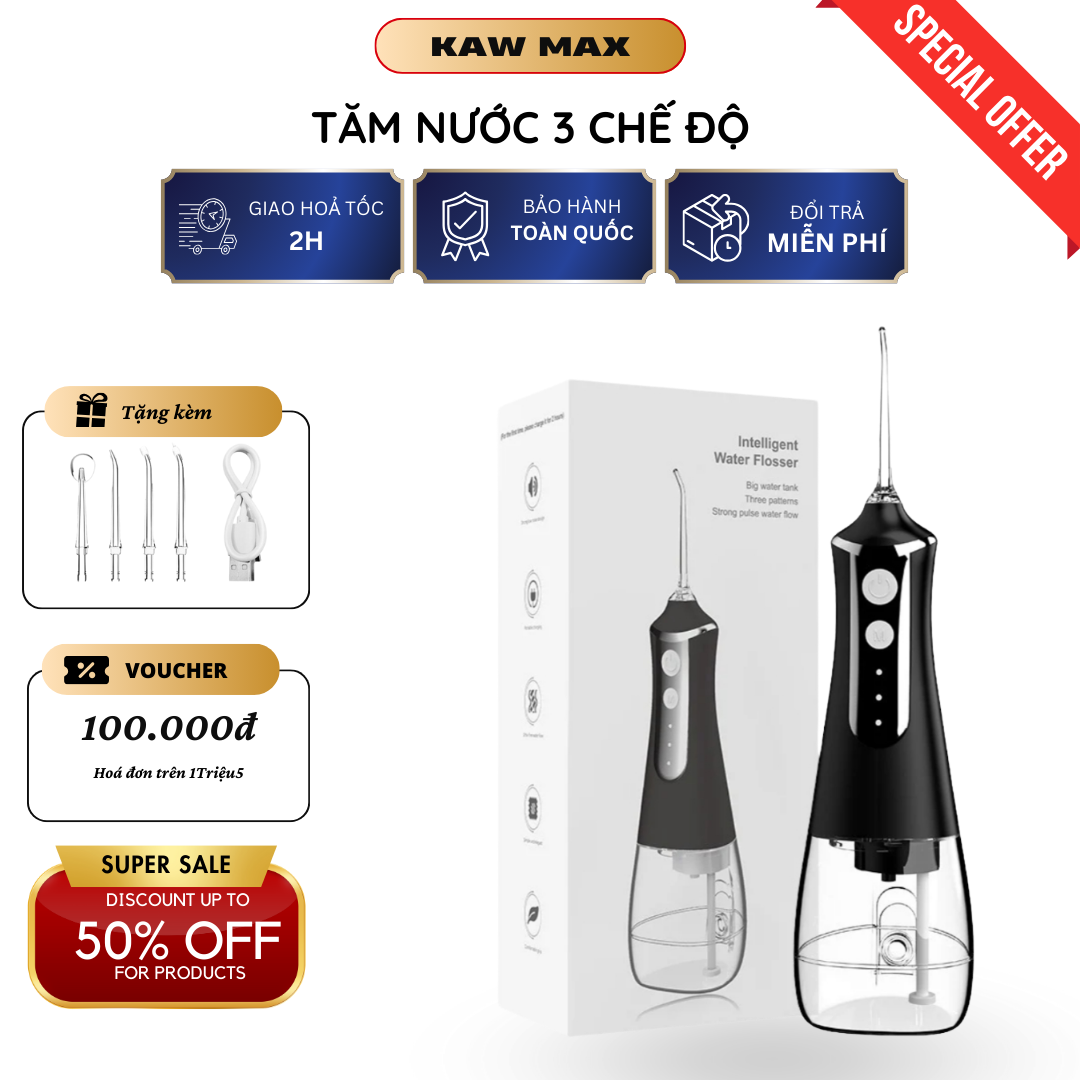 Tăm nước KAW dung tích 300ml, máy làm trắng răng 3 chế độ vệ sinh mạnh 4 đầu phun, siêu sạch, an toàn, áp lực liên tục, mạch nước ổn định dễ dàng sử dụng Bảo hành uy tín tại KAW MAX