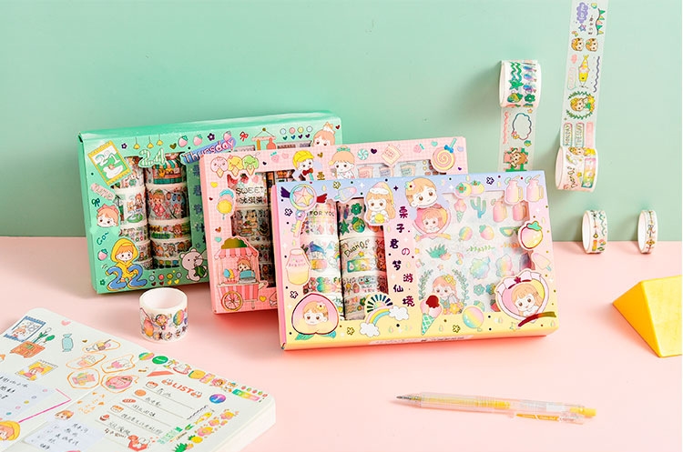 Set washi tape & sticker giấy nhiều chủ đề dễ thương gồm 10 cuộn washi & 10 tấm sticker