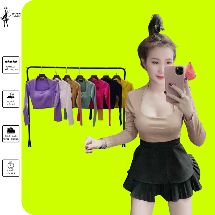 Áo croptop nữ tay dài cổ vuông thun porip mềm mịn