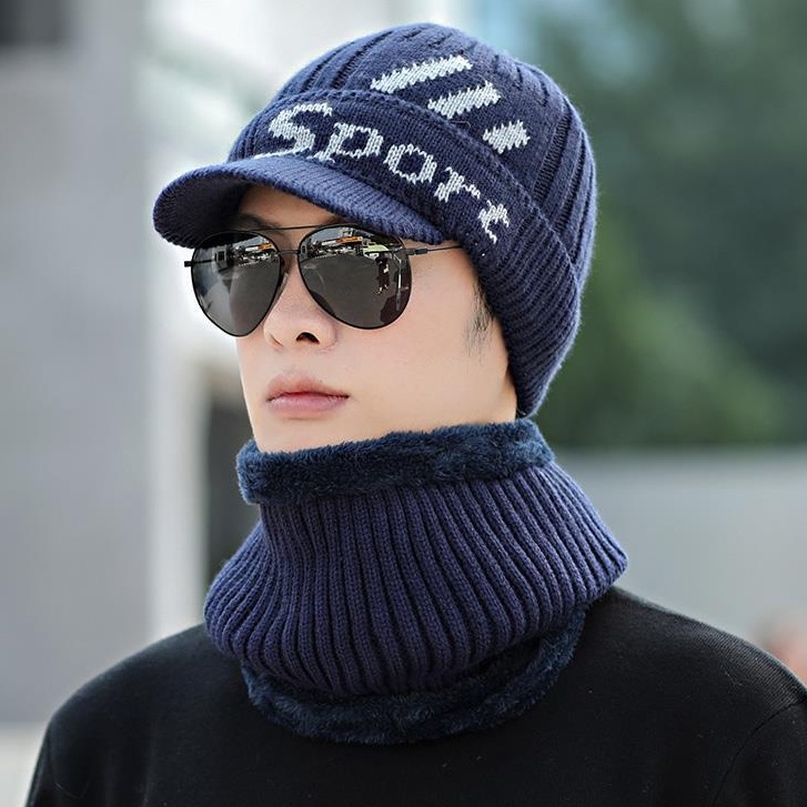 Mũ len kèm khăn quàng cổ nam nữ YONA nón len lưỡi trai nam nữ trùm đầu mùa đông chất liệu len cao cấp