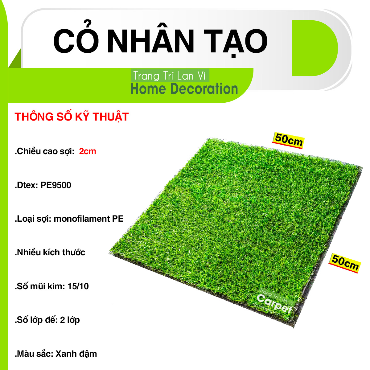 Cỏ nhân tạo dày 2cm trang trí nhà cửa sân vườn thoát nước, kích thước 50cm x 50cm
