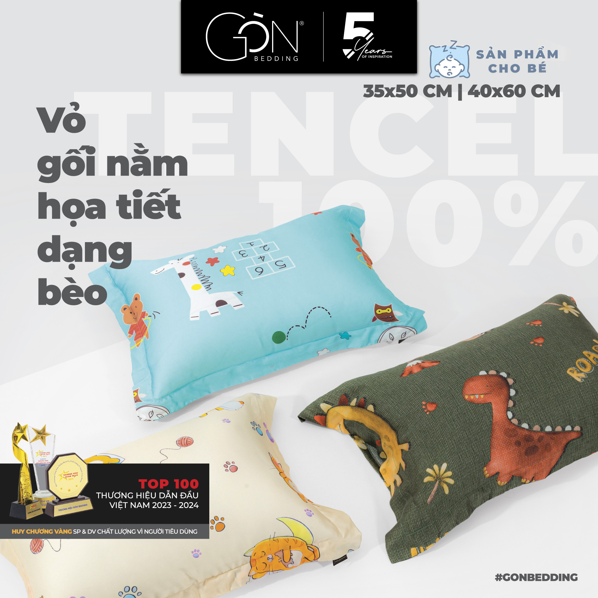 (Nhiều mẫu) 01 Vỏ Gối Nằm Em Bé Gòn Bedding Lụa Tencel 60s Hoạ Tiết Kích Thước 35x50 cm, 40x60 cm