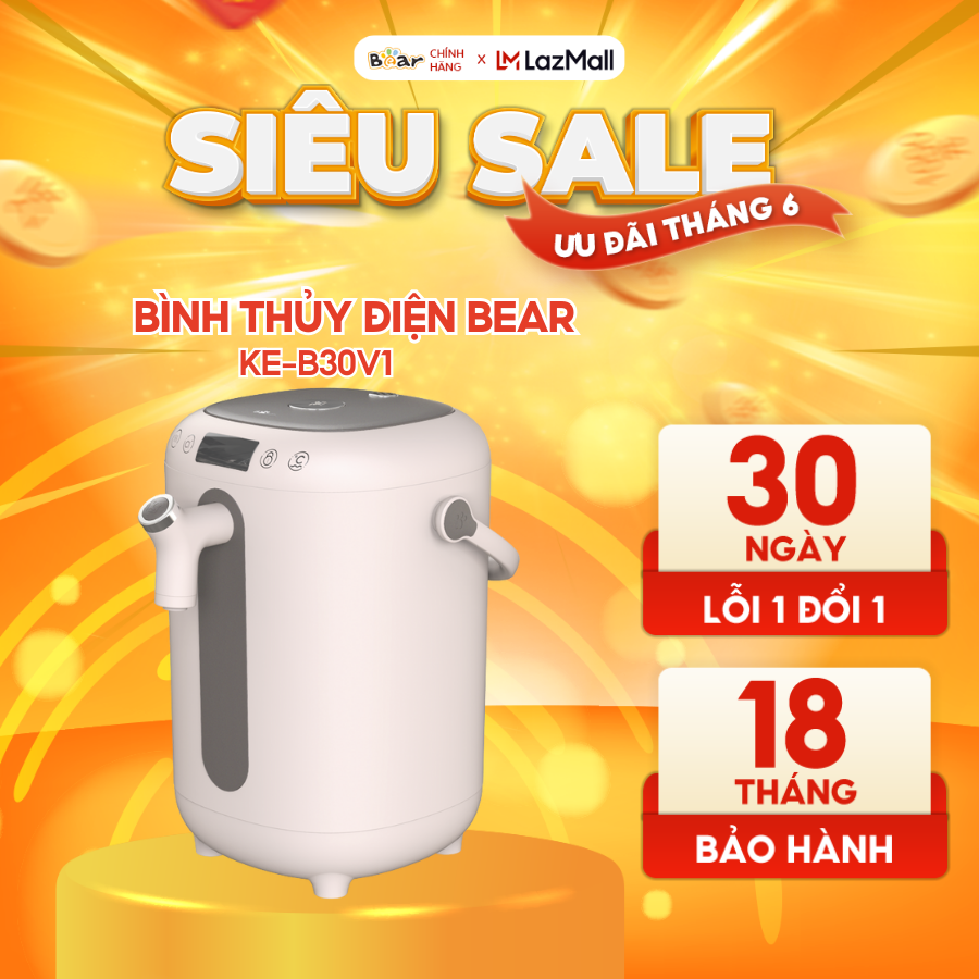Bình Thuỷ Điện Bear B30V1 Đun Nước Nóng Siêu Tốc, Tự Động Giữ Ấm 55 Độ, Khử Clo An Toàn Cho Sức Khoẻ