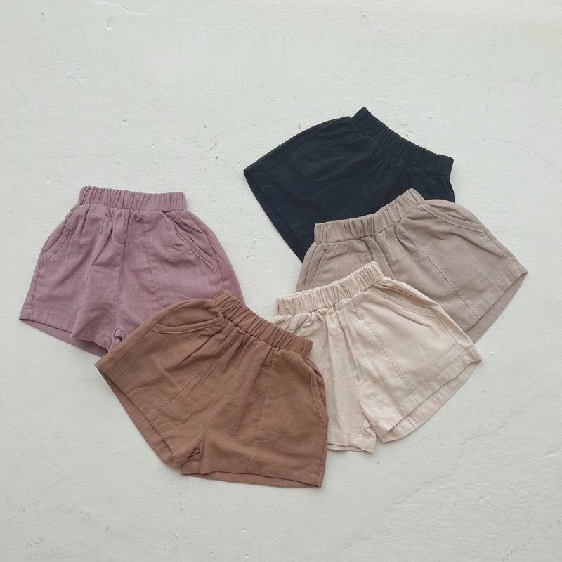 Quần sooc đùi linen kaki mềm bé trai, bé gái unisex có túi