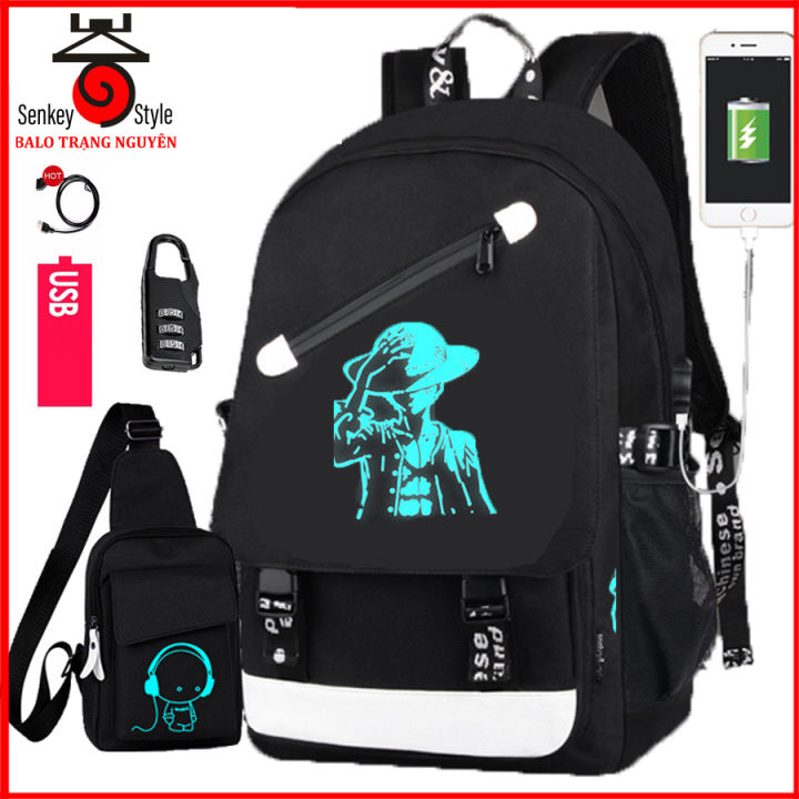 Combo Balo nam đi học Trạng nguyên Senkey Hình Lufy Cực Cool + Túi đeo chéo dạ quang hình Boymusic (Tặng kèm cáp sạc, khóa số chống trộm)