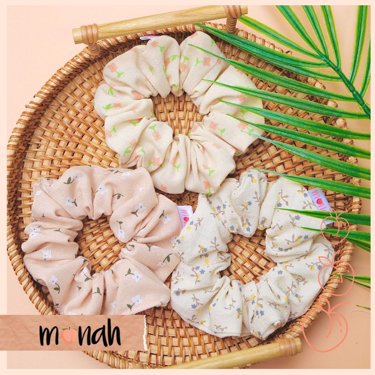 Combo 3 cột tóc buộc tóc scrunchie hoa nhí màu beige cổ điển